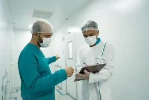 Two doctors wearing facemasks and hairnets reviewing a medical checklist in a hospital setting